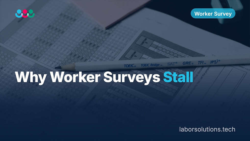 Blog hero image reading “Why Worker Surveys Stall,” with a pencil resting on printed survey answer sheets, tagged “Worker Survey” with the Labor Solutions logo.