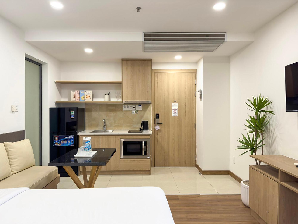 Modern studio apartment with kitchenette, beige sofa, wooden cabinets, potted plant, and flat-screen TV. Bright and minimalist decor.