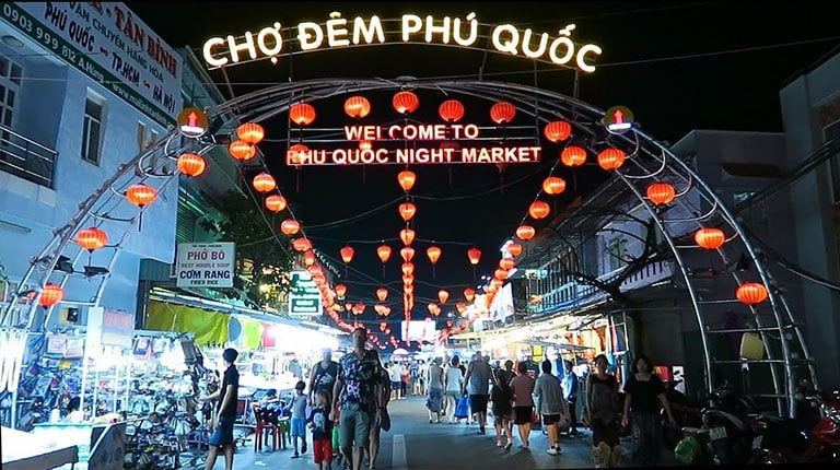 The Phu Quoc night market entrance arch in the evening