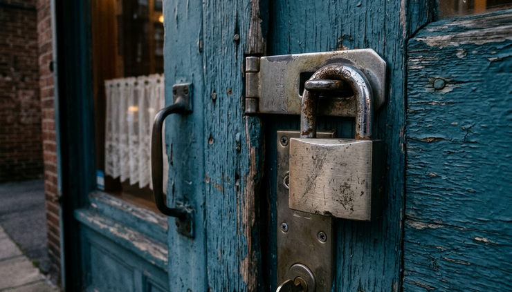 Close-up view of a sturdy metal lock on a small shop door.