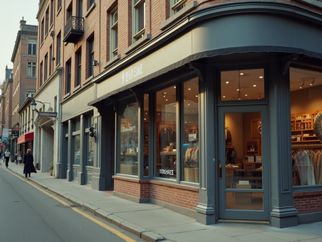 Clear storefront with visible local business in Europe