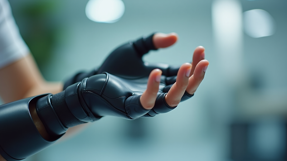 Close-up view of a hand wearing a robotic rehabilitation glove performing finger exercises