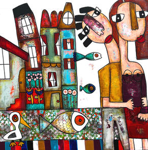 bord de mer, amoureux, st gilles croix de vie, sgxv, french artiste, Vendée, maisons colorées, art naïf, couleurs, couple