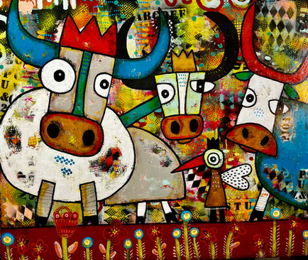 vache, fleurs, art brut, technique mixte, saint gilles croix de vie,  Vendée, galerie d'art, artiste français, art naïf