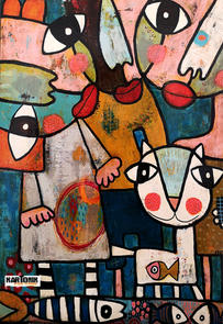 pêche, chat, famille, technique mixte, saint gilles croix de vie, Vendée, galerie d'art, artiste français, art naïf