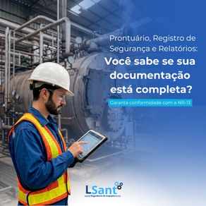 Documento técnico de segurança do trabalho com foco na NR-13, destacando a importância da organização documental como prontuário, registros de segurança e relatórios de inspeção.