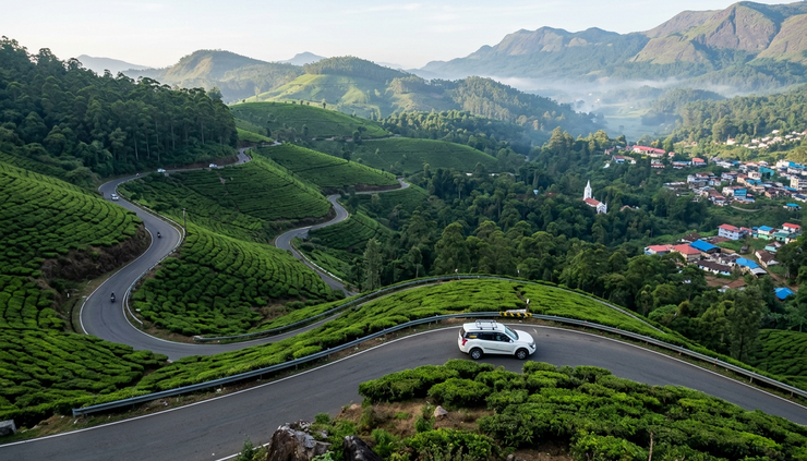 High-angle view of a winding road near a hill town in India