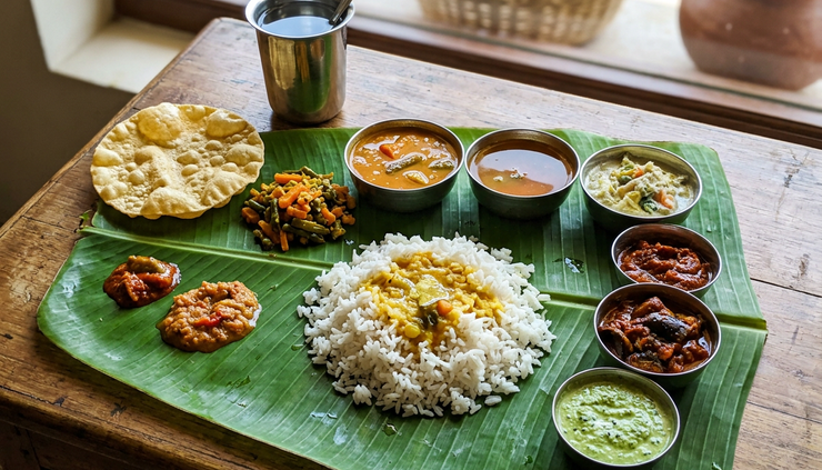 Close-up view of a South Indian meal served on a banana leaf