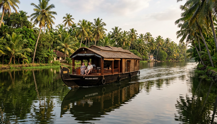 Eye-level view of a wooden houseboat on the Kerala backwaters