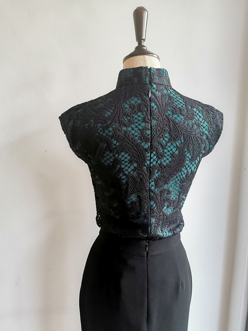 Thumbnail: Mandarin Collar Lace Top (Black Lace over Emerald Green)