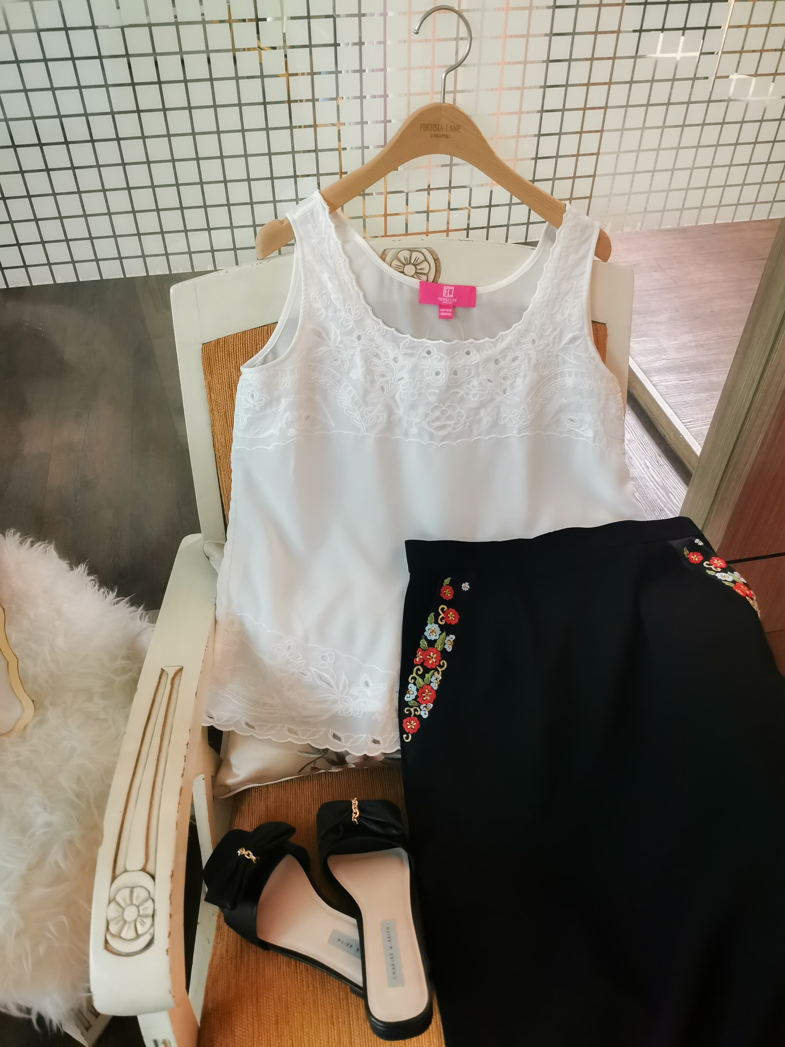 Embroidered Silk Sleeveless Top in Off White