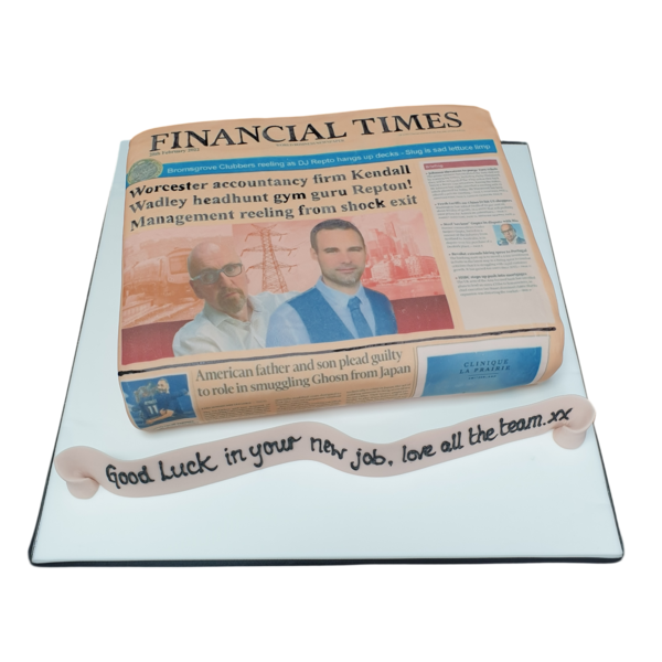 Bespoke Financial Times-themed cake with edible newspaper print, gold accents, and Solihull, West Midlands decoration.