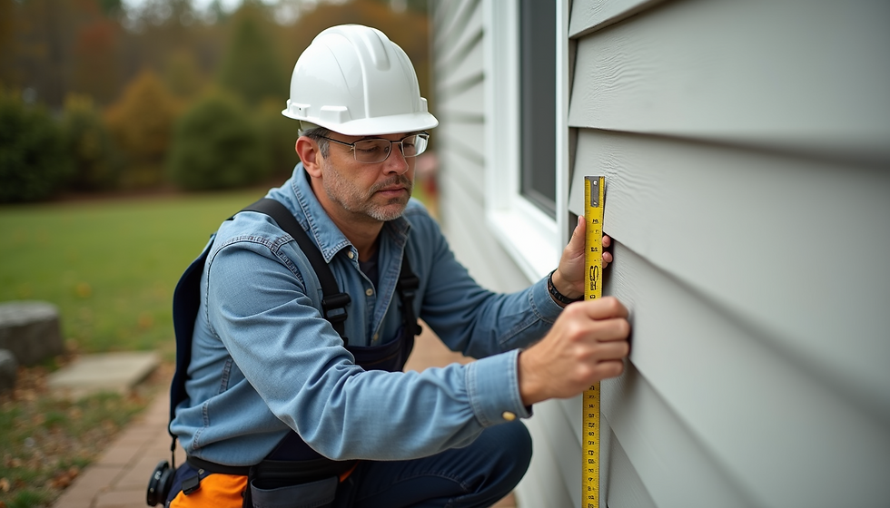 High angle view of a contractor measuring siding on a house exterior