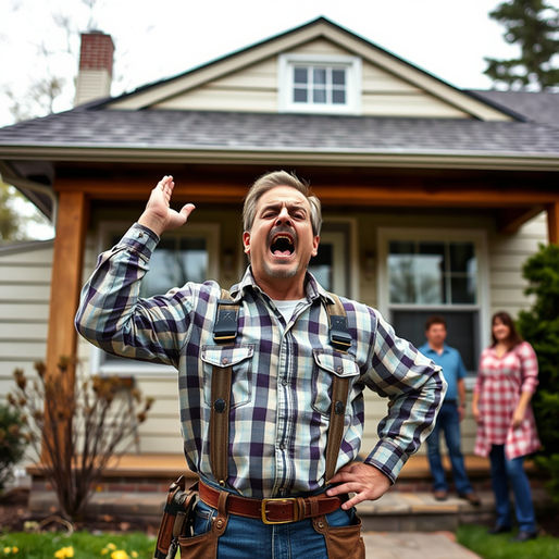 A frustrated contractor gestures emphatically outside a completed house, seeking payment for his work as the homeowners watch.