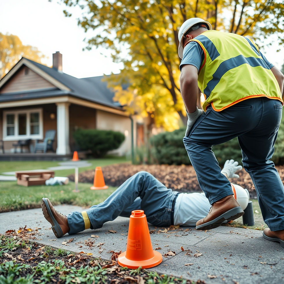 A contractor helps a colleague who has had an accident outside a house, emphasizing the need for insurance coverage to shield homeowners from possible liability.