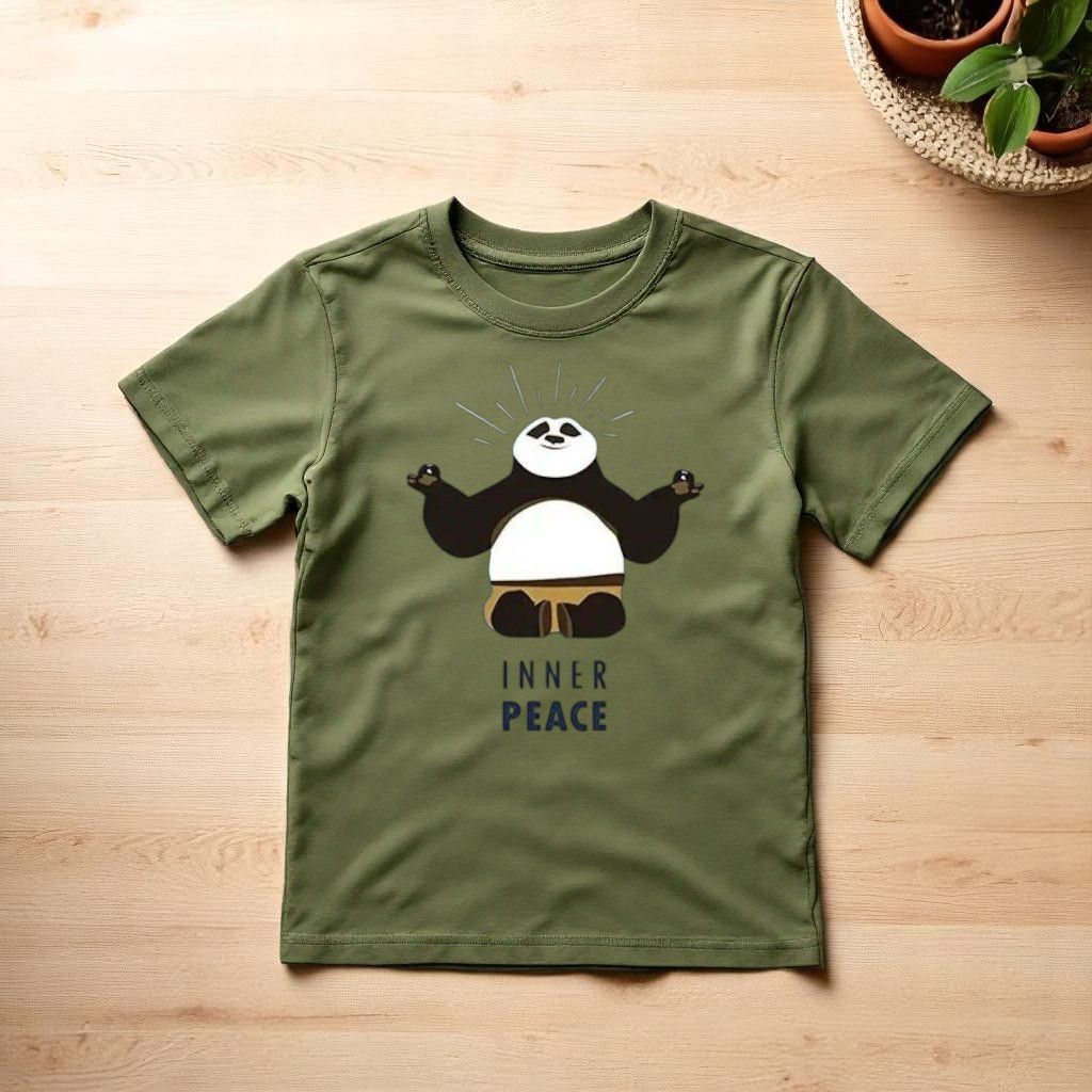 Kids Olive Green Panda "Inner Peace" Cotton T-Shirt | K104