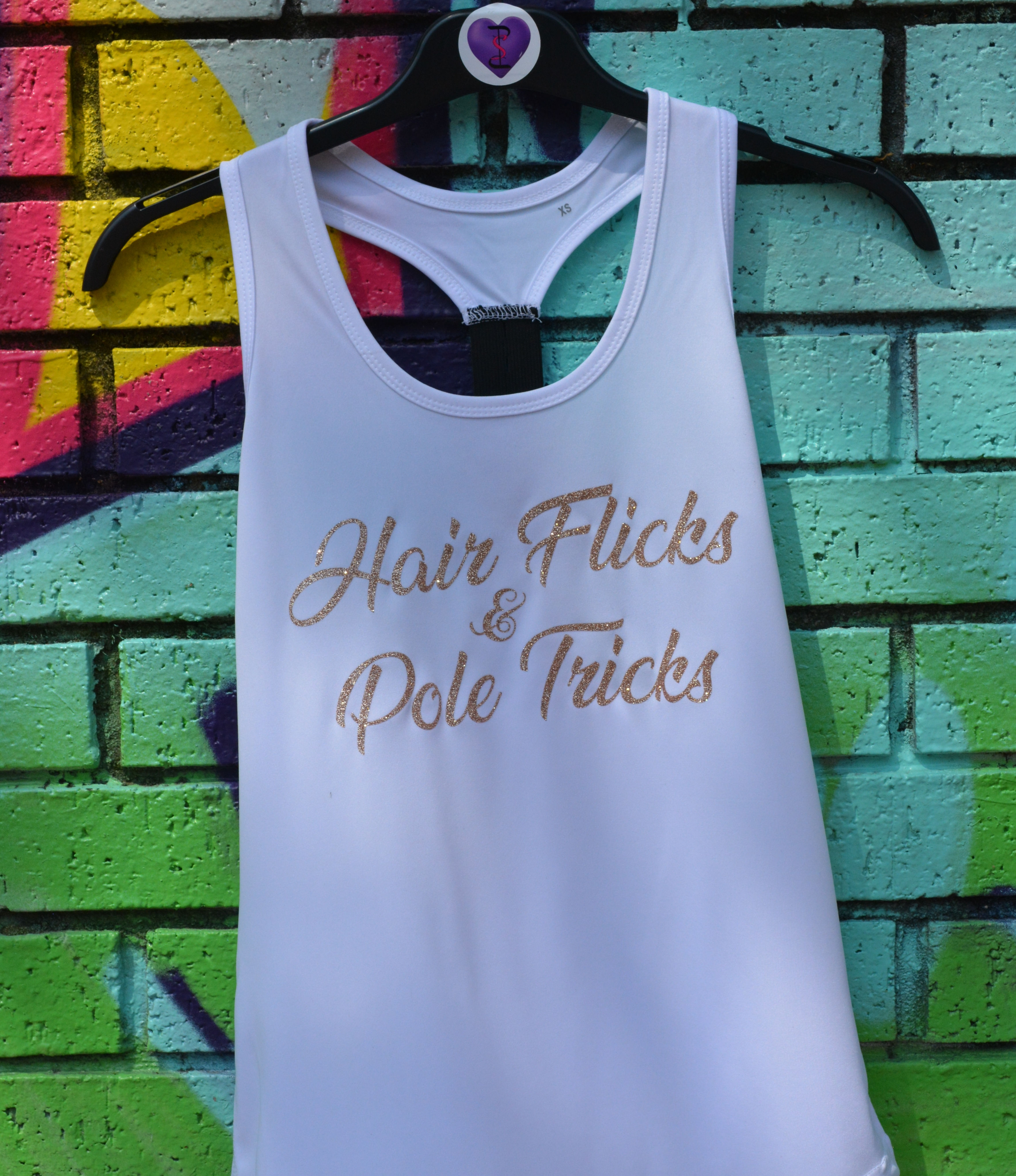 White Racer Back Vest with Hair Flicks & Pole Tricks slogan in Rose Gold Glitter