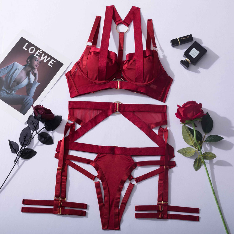 Thumbnail: PSP - 5 Piece Strappy Lingerie Set - Burgundy - Flat Lay