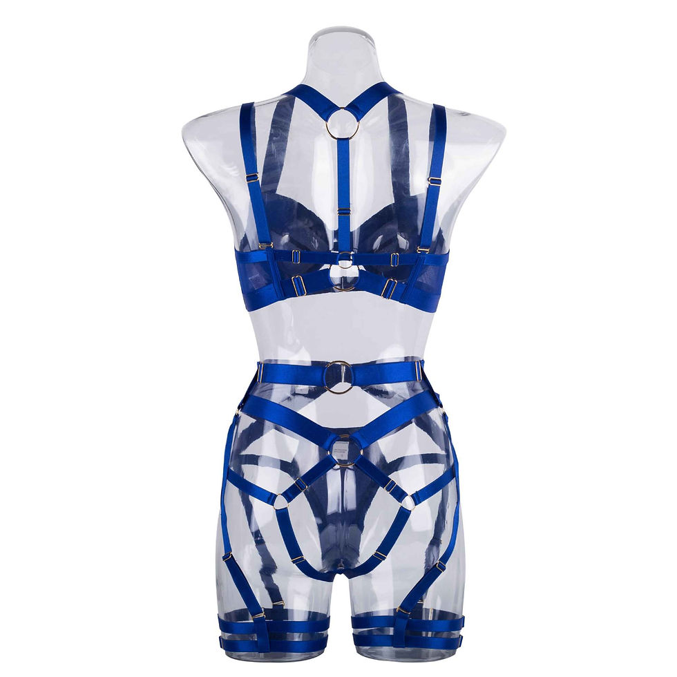 Thumbnail: PSP - 5 Piece Strappy Lingerie Set - Royal Blue Back View On a Clear Mannequin