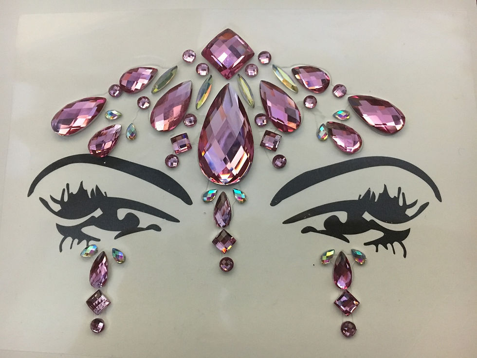 Thumbnail: Large pink forehead / nose gems with under eye detail close up