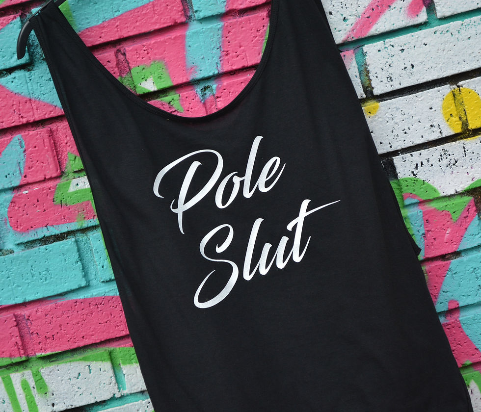 Black Drop Side Vest  with Pole Slut slogan on in White Shimmer