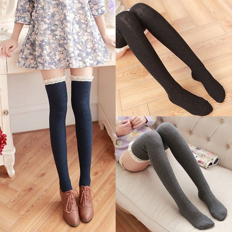 Thumbnail: 3 pairs of Over Knee Socks with Cotton Lace Frill close up