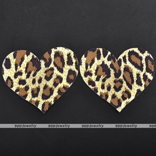 Thumbnail: 1 Pair of Leopard Print Satin Heart Adhesive Nipple Pasties / Covers