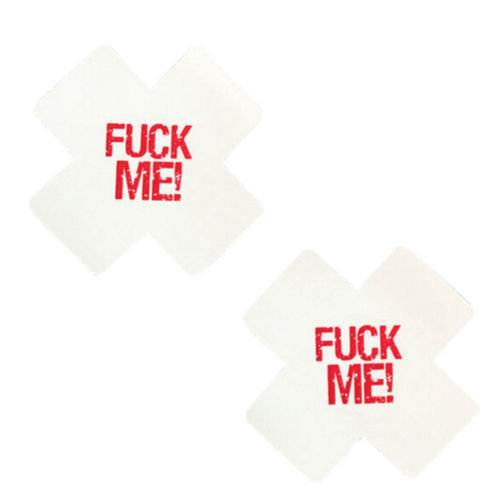 Thumbnail: 1 Pair of  White 'F##k ME' Cross Adhesive Nipple Pasties/Covers