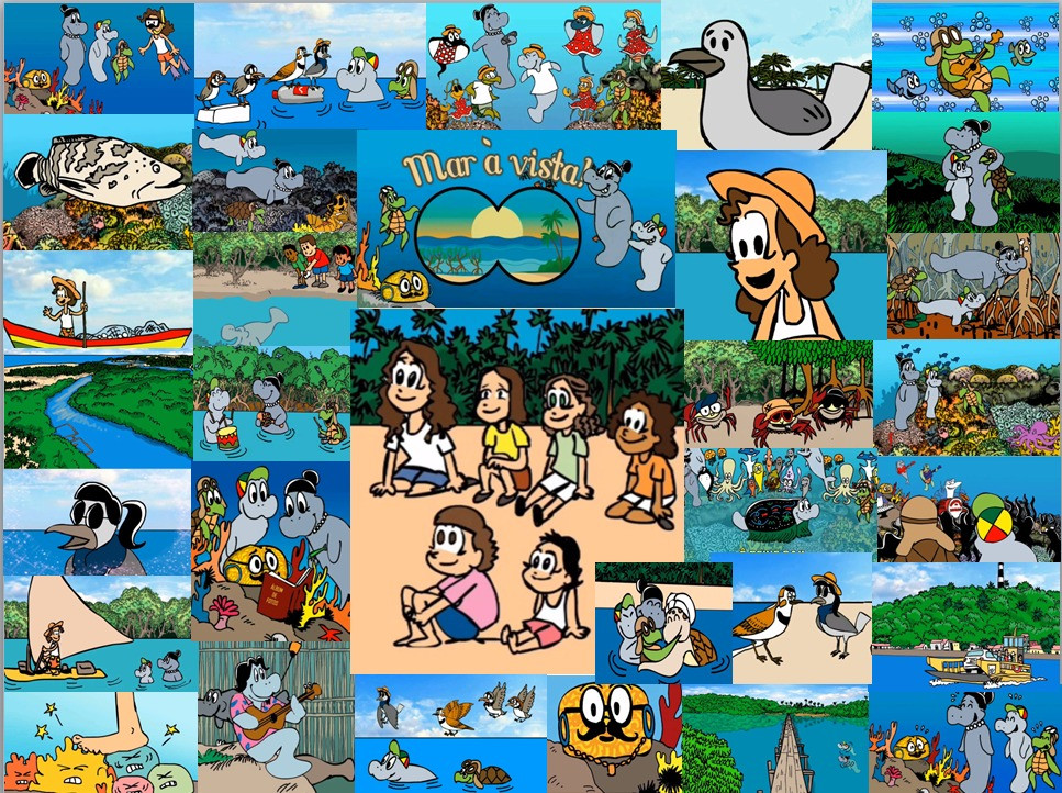 Coleção de imagens dos diferentes personagens que participam dos episódios da série Mar à vista. Os personagens são baseados em animais marinhos reais que estão presentes na Area de Protecao Ambiental Costa dos Corais. Observamos corais cérebros, peixes boi, tartatugas marinhas, siris, aves marinhas, peixes e pescadores humanos que vivem em interação com os animais neste ambiente costeiro.