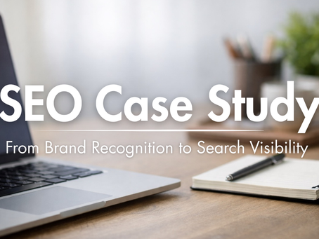 SEO case study cover image featuring a modern desk with laptop and notebook representing strategy and search visibility growth