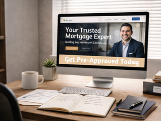 Mortgage professional office with desktop computer displaying a personalized mortgage website and marketing strategy setup