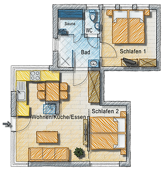 Grundriss EG – Ferienwohnung Wasser mit Wohnbereich, Küche, Bad, Sauna & 2 Schlafzimmern