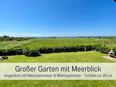 Ferienhaus Meerestraum Rügen Garten Meerblick Natursteinmauer Wildrosenhecke Hund willkommen