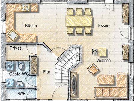 Ferienhaus Meerestraum Rügen Grundriss Erdgeschoss Küche Wohnzimmer Esszimmer Gäste-WC Lieblingsinsel Rügen