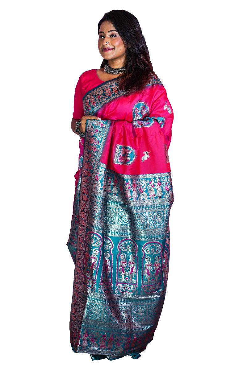 Thumbnail: Baluchari Silk Saree (DEEP PINK BODY & SEA-GREEN BORDER)