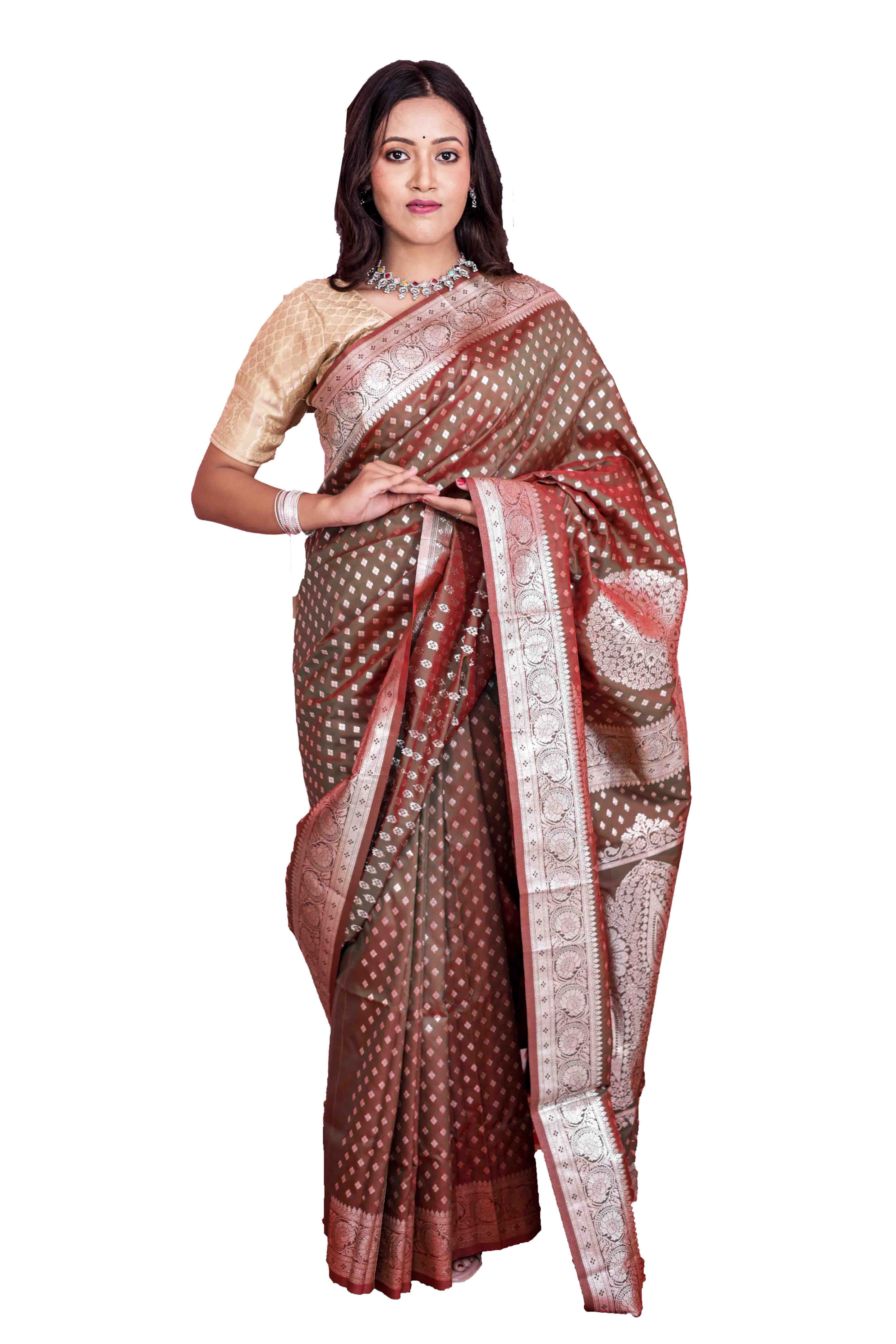 Benarasi Katan Silk Saree (MEHENDI GREEN & RED) (AAM KOLKA)