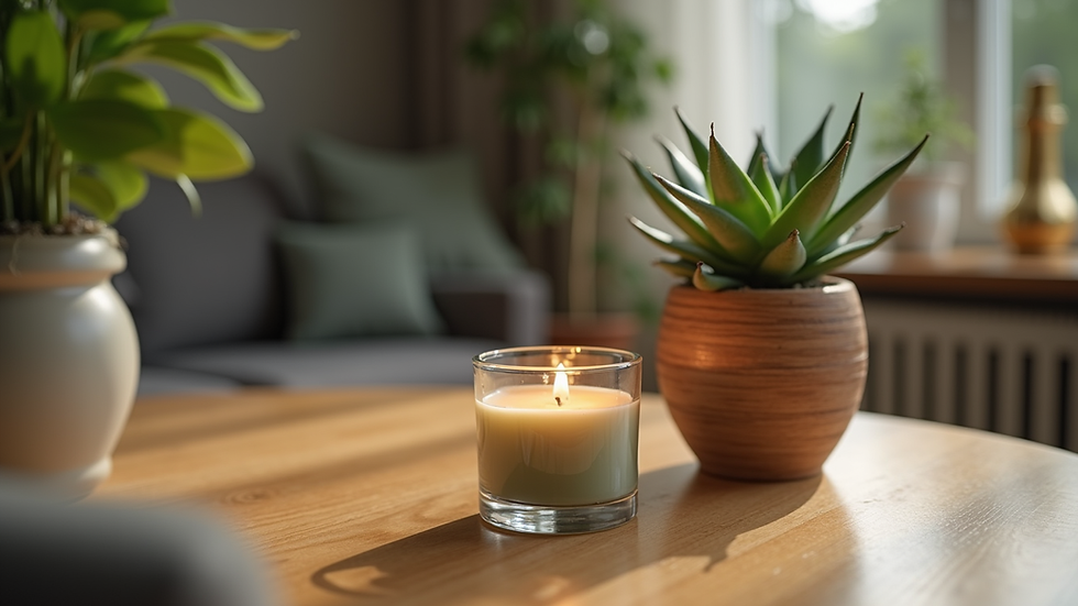 Close-up view of a small succulent planted in a glass candle jar on a wooden table