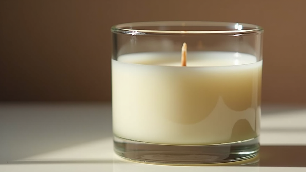 Eye-level view of a handcrafted soy candle in a glass jar with a natural cotton wick
