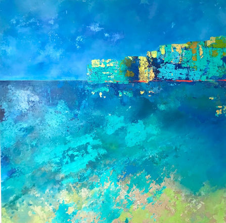 Paint print and collage landscape. A multilayered process aims to capture the surface texture, colour and pattern seen in nature.
