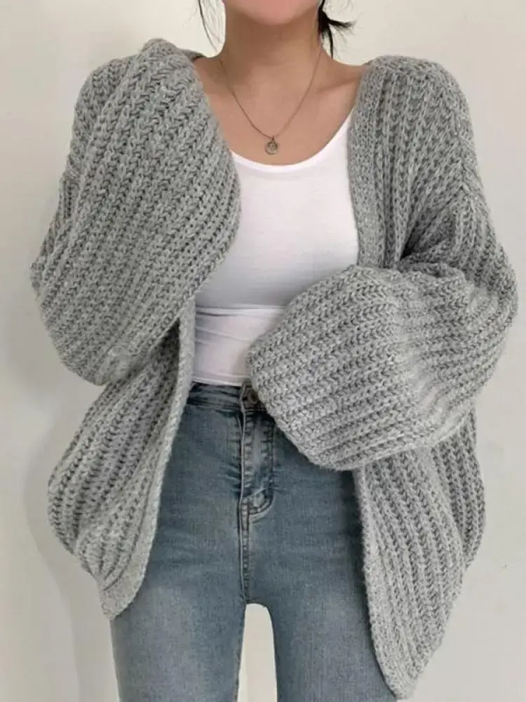 Vintage Puff Sleeve Knit Cardigan Sweater for Women