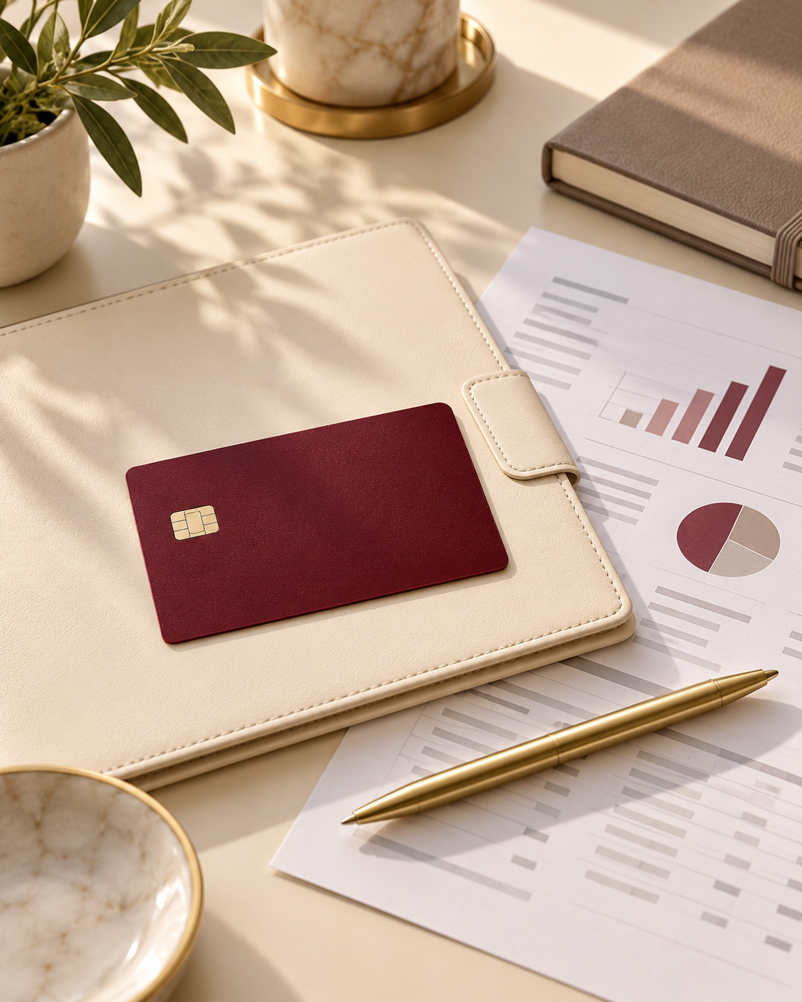 Burgundy credit card, financial paperwork, and a planner on a cream desk