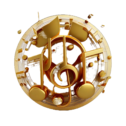 Firefly a 3 cartoony Musical notes not to busy in the center of a circle against white wit