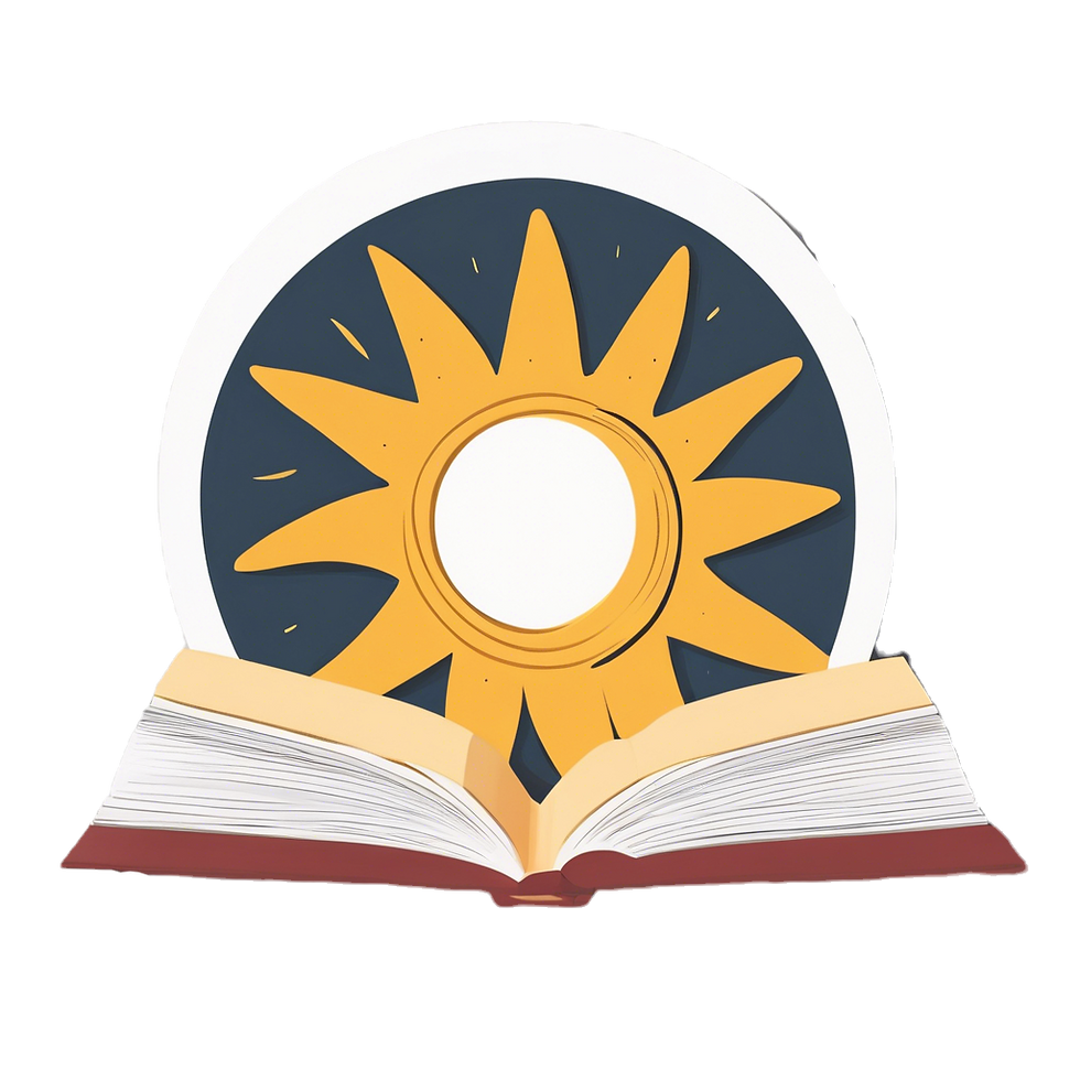 a circle with a simple sun and a book logo