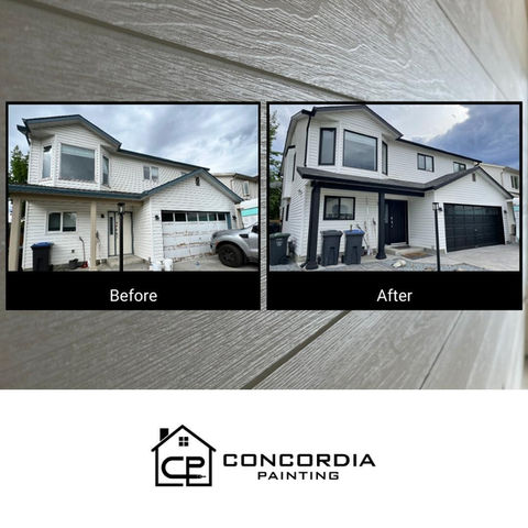 Exterior Repaint Before and After | Kelowna, BC | Left image is the before and shows a faded exterior of white painted siding and weather damaged white garage door. Right image is of a home completely repainted white with black trim and doors. Garage door was also painted black.