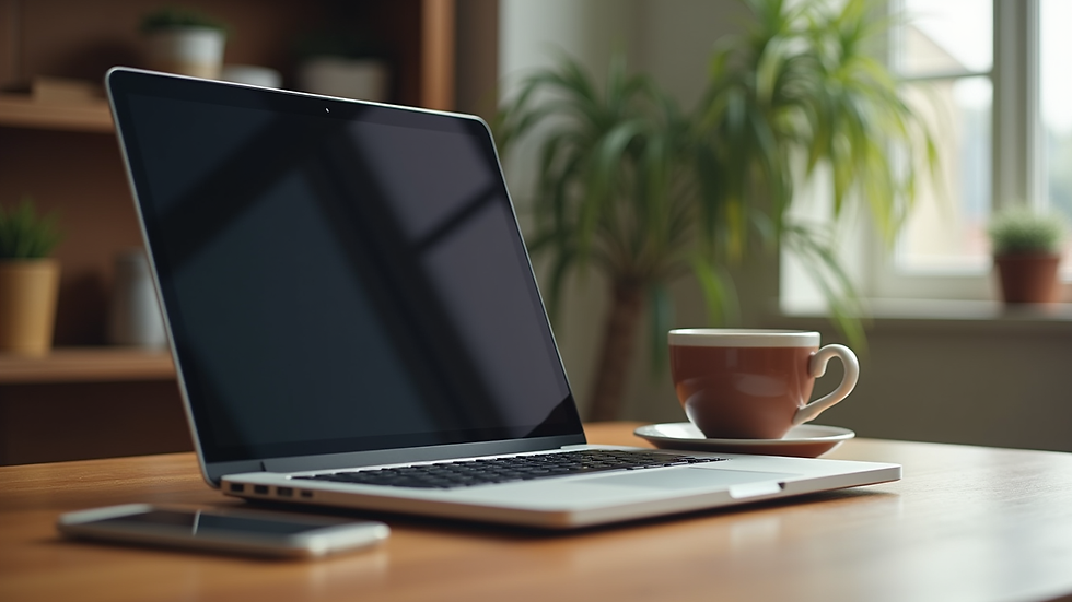 Eye-level view of a laptop on a wooden desk with a cup of tea