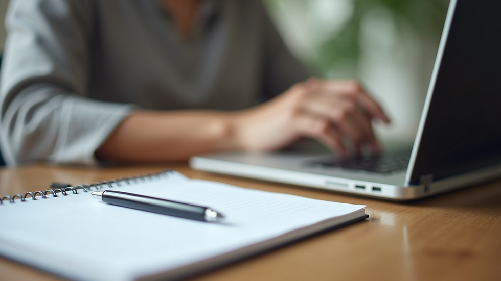 Close-up view of a notebook and pen beside a laptop during an online counselling session