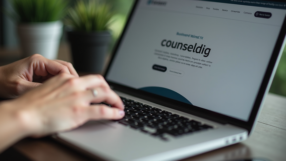 Close-up view of a person typing on a laptop keyboard with a counselling website open