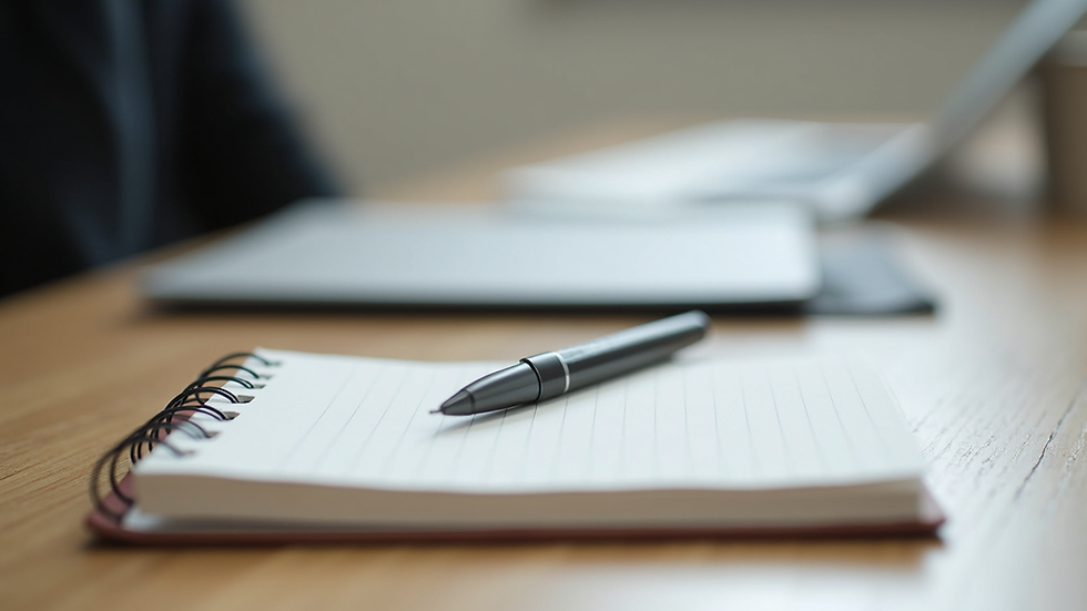 Close-up view of a notebook and pen on a counselling table ready for a session