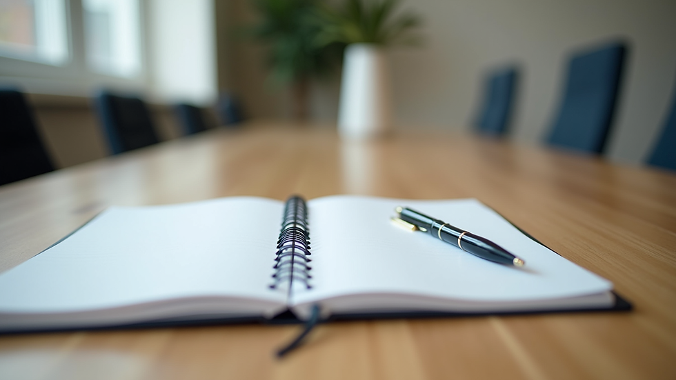 Close-up view of a notebook and pen on a counselling table ready for notes