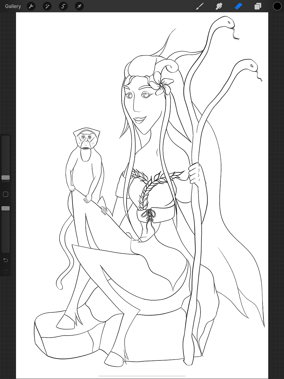 Line work drawing of Critical Role character Fearne Calloway & Mister from Exandria Unlimited